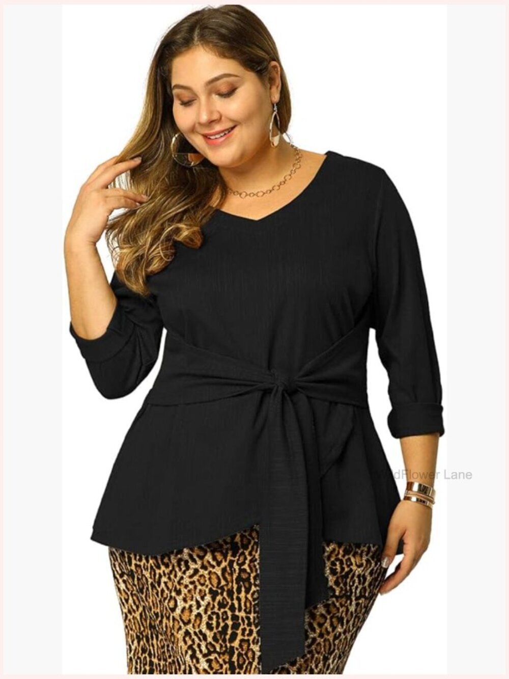 Plus Size V Neck Long Sleeve Belted Knot Tie Blouse Work Top
